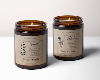 May include: Two amber glass jars with brown paper labels. The labels have a black and white illustration of a flower and text that reads "Your Brand Name", "Scented Candle", "Handmade Soy", "All Natural", "Cruelty Free", "100% Organic", "340g e 13.40z". One jar is labeled "Lavender" and the other is labeled "Rose & Patchouli".