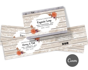 May include: Two labels for handmade soap bars with a rustic woodgrain background. The top label features a floral design with the text "KRYSTAL'S CREATIONS Organic Soap HANDMADE VANILLA & CINNAMON 3400 - 13.4OZ". The bottom label features a similar floral design with the text "KRYSTAL'S CREATIONS Honey & Oat HANDMADE ALL NATURAL SOAP 3400 - 13.4OZ".
