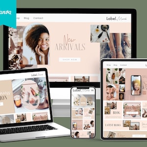 May include: A website mockup for a beauty and lifestyle brand called Label.Mork. The website features a pink and brown color scheme with images of products, blog posts, and social media content. The text on the website includes "New Arrivals", "Shop Now", "Bohemian Princess Collection", "Shop Now", "End of Season Sale", "Shop Now", "Blog", "Latest Blogs", "Snap & Share", and "Join Our Community".