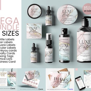 MEGA PACOTE cosmético editável, modelo de etiqueta de produto, etiqueta cosmética DIY, etiqueta para cuidados com a pele, cartões de agradecimento, listas de preços, 2 onças, 3 onças, 4 onças, CANVA