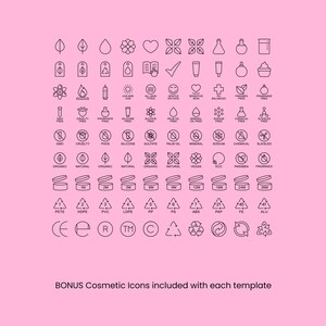 May include: A collection of black and white line icons representing various cosmetic and beauty product ingredients, certifications, and packaging symbols.  The icons include symbols for organic, natural, vegan, cruelty-free, sulfate-free, paraben-free, and more.  The icons also include symbols for different types of packaging, such as PETE, HDPE, PVC, LDPE, PP, PS, ABS, PAP, FE, and ALU.