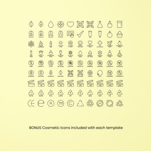 May include: A black and white line art illustration of various cosmetic icons, including natural, organic, vegan, cruelty-free, and recyclable symbols. The icons are arranged in a grid pattern on a light yellow background. The text "BONUS Cosmetic Icons included with each template" is at the bottom of the image.