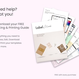 May include: A guide titled "Label.Mork Edit, Save & Print How To Guide" with a brown box, scissors, and a wrapped gift on a light gray background. The text "FREE with every purchase" is at the bottom of the image.