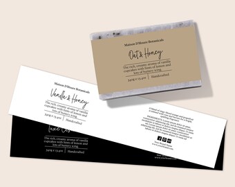 May include: Three labels for handmade soap bars. The labels are white with black text and feature a handwritten font. The labels are for "Vanilla & Honey", "Oat & Honey", and "Luxe Cream". Each label includes the text "Maison D'Houre Botanicals", "Handcrafted", and the weight of the soap in ounces and grams.