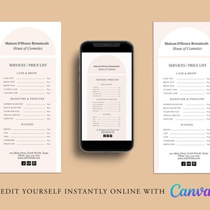 Modelo de lista de preços editável, lista de preços comerciais personalizada, menu DIY, serviços, lista de preços digital, beleza, salão de beleza, CANVA, folheto de lista de preços