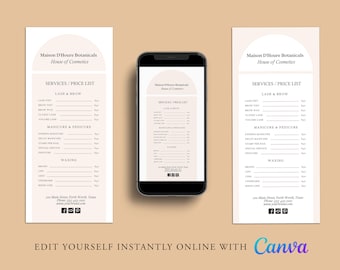 May include: A beige and white price list for a beauty salon called Maison D'Houre Botanicals. The list includes services such as lash and brow treatments, manicures, pedicures, and waxing. The salon's address and website are listed at the bottom.