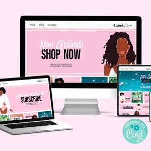 May include: A website mockup with a pink background and a black woman's illustration. The website is for a shop called "Label.Mort" and features a "New Arrivals" banner with a "Shop Now" button. The website also has a "Join our mailing list" banner with a "Subscribe" button. The website is displayed on a laptop, desktop, tablet, and phone.