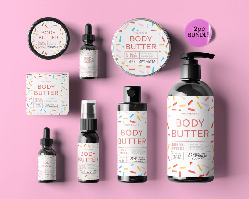 May include: A set of body care products with a confetti design. The products include body butter, body glow, and a 12-piece bundle. The products are cruelty-free and sustainably sourced.