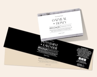 May include: Two soap bar labels with black and white text on a white background. The top label reads "Oatmeal + Honey Natural Soap Bar Handmade in the USA Delicate Soap to Cleanse, Soothe & Moisturize All Skin Types (Including Dry or Sensitive Skin) 54g e 1.9 oz". The bottom label reads "Peppermint + Lavender Natural Soap Bar Handmade in the USA Delicate Soap to Cleanse, Soothe & Moisturize All Skin Types (Including Dry or Sensitive Skin) 54g e 1.9 oz".