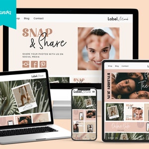 May include: A website mockup with the text "SNAP & SHARE" and social media icons. The website is designed for a fashion brand and features images of clothing and accessories. The website also includes a call to action to "Shop Now".