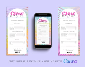 May include: A pink, yellow, and blue price list for Glow Malibu, a beauty salon. The price list includes services such as lash tint, brow tint, classic lash, volume lash, express manicure, deluxe manicure, stamp per nail, special service, pedicure, brows, lips, chin, underarm, bikini line, and more. The price list also includes the salon's address, phone number, and website.