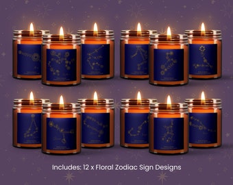 12 x HOROSCOPE Etiqueta de vela del zodíaco editable, Etiqueta FLORAL, Etiquetas del zodíaco, Etiquetas de velas de signo del zodíaco, Constelación, Etiqueta de vela de astrología
