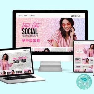 May include: A website homepage with a pink and silver glitter background. The text "Let's Get Social" is in pink and the text "Label.Mort" is in black. The website features a call to action to follow the company on social media for updates on VIP sales. The website also features a call to action to shop new arrivals.
