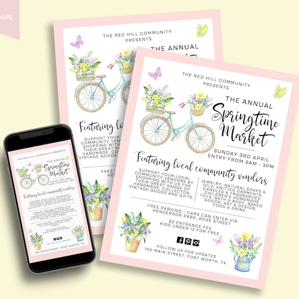 Editable SPRING Flyer Brochure, DIY Market Fair Flyer, Diy Template, Custom Flyer, Printable, Instant Download, Digital Invitation, CANVA,