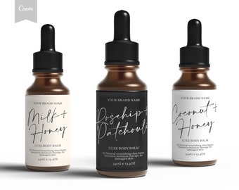 May include: Three amber glass bottles with dropper tops and white labels. The labels have black text that reads "YOUR BRAND NAME" and the names of the products: "Milk + Honey", "Rosehip + Patchouli", and "Coconut + Honey". Each bottle contains 340g or 13.4 oz of product.