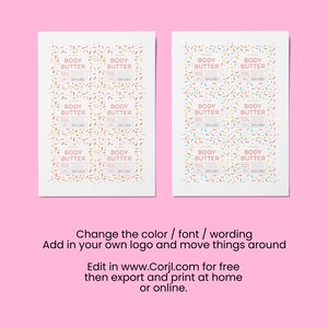 May include: Printable labels for body butter jars. The labels feature a colorful confetti design with the text "BODY BUTTER" repeated on each label.