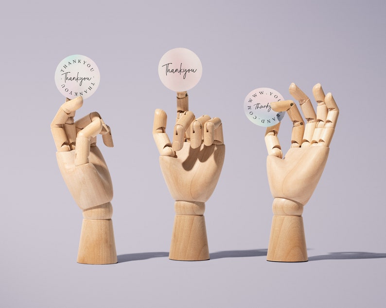 Pu&ograve; includere: Tre mani di legno che tengono adesivi rotondi con il testo "Thank you" e "www.andco.com Thanky" in scrittura nera su uno sfondo blu chiaro e rosa.