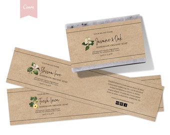 May include: Three brown paper labels with black text and floral illustrations for handmade organic soap. The labels read "Jasmine & Oak", "Blossom Love", and "Fresh Linen". Each label includes the text "Handmade Organic Soap", "All natural organic ingredients", "Suitable for sensitive skin types", and "340g e 11.4 oz".