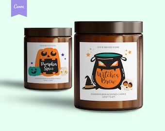 May include: Two brown glass candle jars with white labels. The label on the left jar features a pumpkin with the text "Pumpkin Spice" and the text "Handpoured Scented Candle 3.4 oz". The label on the right jar features a black cauldron with the text "Witches Brew" and the text "Handpoured Scented Candle 340g e 13.4 oz".