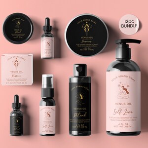 May include: A 12-piece bundle of Venus Oil essential oil blends in various sizes and packaging. The bottles are black with gold labels featuring a woman in a yoga pose and the text "Venus Oil". The labels also include the names of the blends: "Empress", "Passion", "Ritual", and "Self Love".