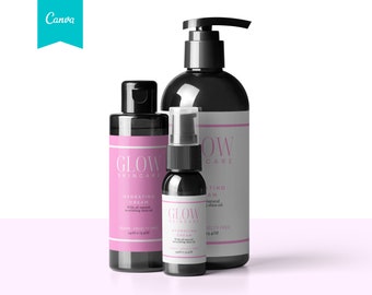 May include: Three black skincare product bottles with pink labels. The labels read "GLOW SKINCARE HYDRATING CREAM" and include text about natural shea oil and being vegan and cruelty-free. The bottles vary in size, with one having a pump dispenser.