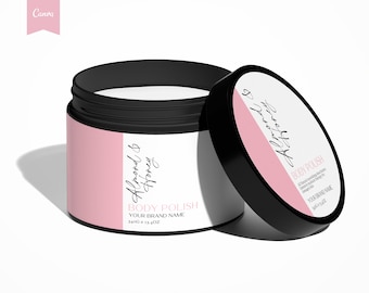 May include: A black jar of body polish with a pink and white label. The label reads "Almond & Honey BODY POLISH" and "YOUR BRAND NAME". The jar is open, revealing the product inside. The product weighs 13.4 oz.