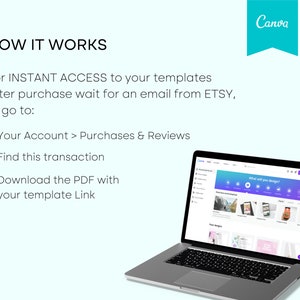 May include: A laptop displaying a Canva website interface, with a teal banner in the upper right corner. Text on the screen explains how to access templates after purchase. The laptop is open on a light blue background.