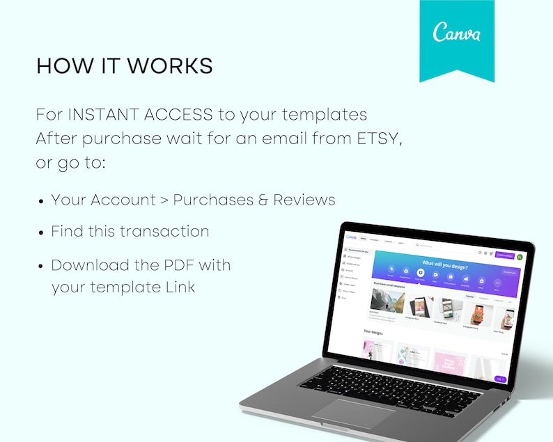 May include: A laptop displaying a Canva website interface, with a teal banner in the upper right corner. Text on the screen explains how to access templates after purchase. The laptop is open on a light blue background.