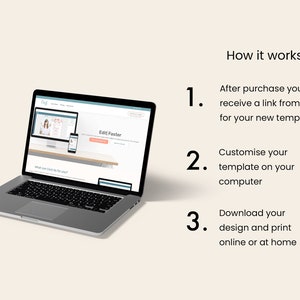 May include: A laptop computer displaying a website with the text "Edit Faster" and instructions on how to use the website. The website is for a service that allows users to customize and print templates online.