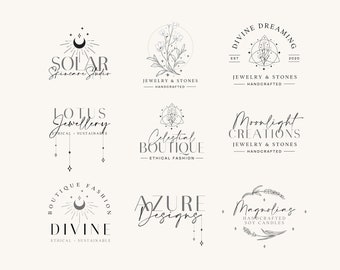 9 diseños de logotipos editables BOHO, diseño de logotipo personalizado de boticario, plantilla de logotipo DIY, logotipo de pequeña empresa, etiqueta vintage, celestial, CANVA