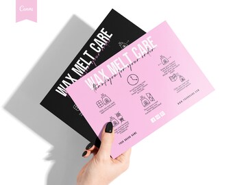 May include: Pink and black card with the text "WAX MELT CARE" and instructions for using wax melts. The card includes icons and text such as "Keep your burner clean", "Never leave your warmer unattended", and "Only use wax melts approved burners".