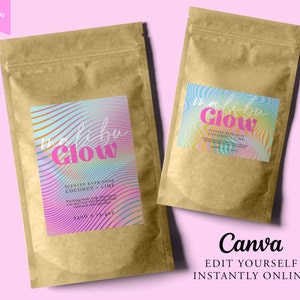 HOLOGRAM Editable Pouch Label Template, Colored Custom Product Label, BATH Salt Template, DIY Bath Soak Label, Stand Up Pouch Label, Canva