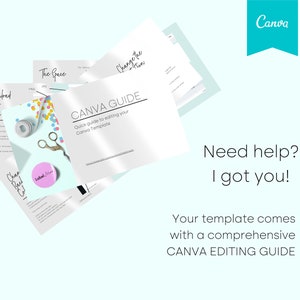 Op de afbeelding: Een Canva-gids met de tekst "CANVA GUIDE" en "Snelle gids voor het bewerken van uw Canva-sjabloon". De gids staat op een lichtblauwe achtergrond met confetti en een schaar. De tekst "Hulp nodig? Ik ben er voor je!" staat onder de gids. De tekst "Uw sjabloon wordt geleverd met een uitgebreide CANVA-BEWERKINGSGIDS" staat onder de tekst "Hulp nodig? Ik ben er voor je!"