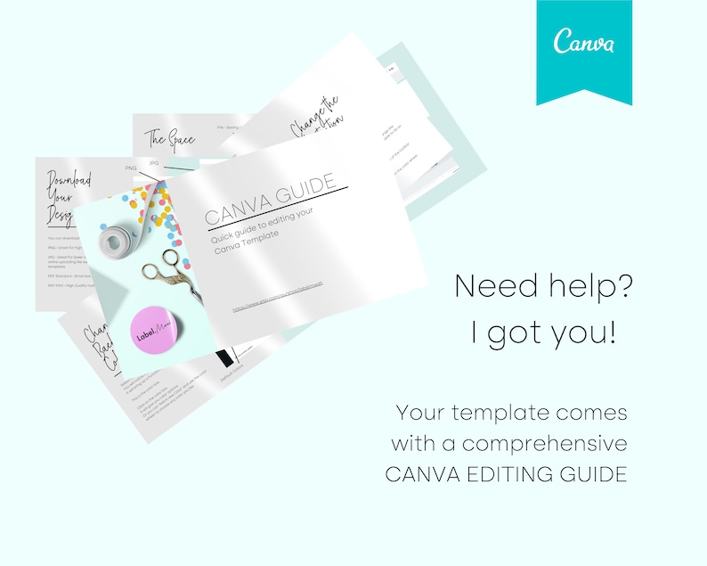 Op de afbeelding: Een Canva-gids met de tekst "CANVA GUIDE" en "Snelle gids voor het bewerken van uw Canva-sjabloon". De gids staat op een lichtblauwe achtergrond met confetti en een schaar. De tekst "Hulp nodig? Ik ben er voor je!" staat onder de gids. De tekst "Uw sjabloon wordt geleverd met een uitgebreide CANVA-BEWERKINGSGIDS" staat onder de tekst "Hulp nodig? Ik ben er voor je!"