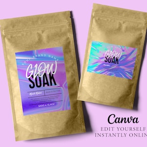 HOLOGRAM Editable Pouch Label Template, Colored Custom Product Label, BATH Salt Template, DIY Bath Soak Label, Stand Up Pouch Label, Canva