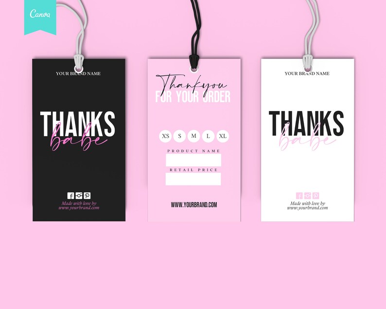 May include: Three clothing tags with white strings against a pink background. The tags are black, pink, and white, each with the words "THANKS babe" in a mix of bold and script fonts. The pink tag says "Thank you for your order".