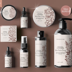 May include: A 12-piece bundle of Cedar & Lavender natural moisture therapy products. The bundle includes a bar of soap, a jar of cream, a bottle of serum, a bottle of lotion, and a bottle of essential oil. All products feature a botanical illustration of cedar and lavender flowers.