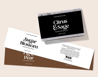 May include: Three bar soap labels with black text on white backgrounds. The labels are for "Citrus & Sage", "Sugar Blossom", and "Fig & Pear" soaps. Each label includes the brand name, soap name, and weight in ounces.