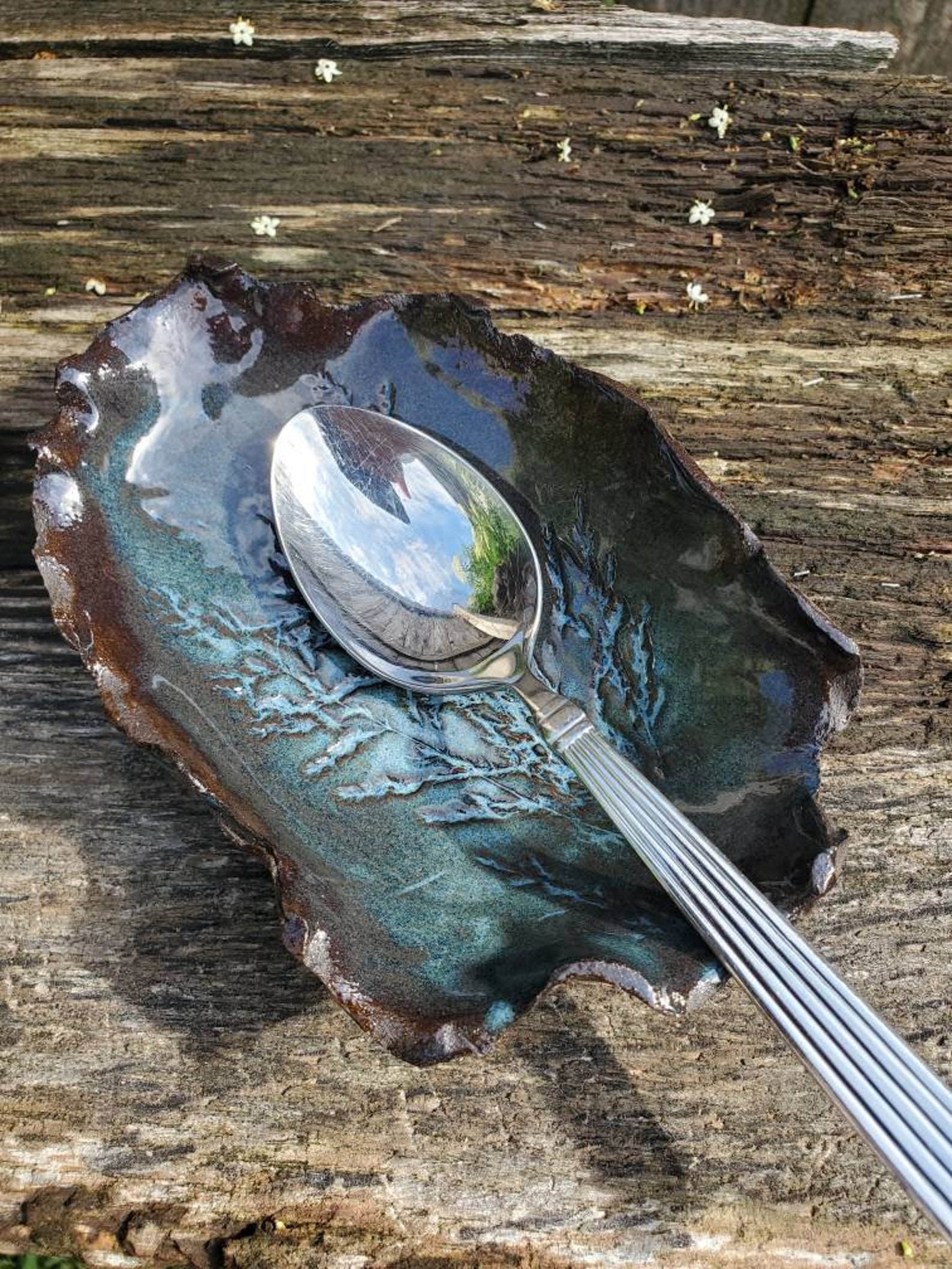 Handmade Pottery Spoon Rest Wild Leaf Rustic Imprint Blue Etsy