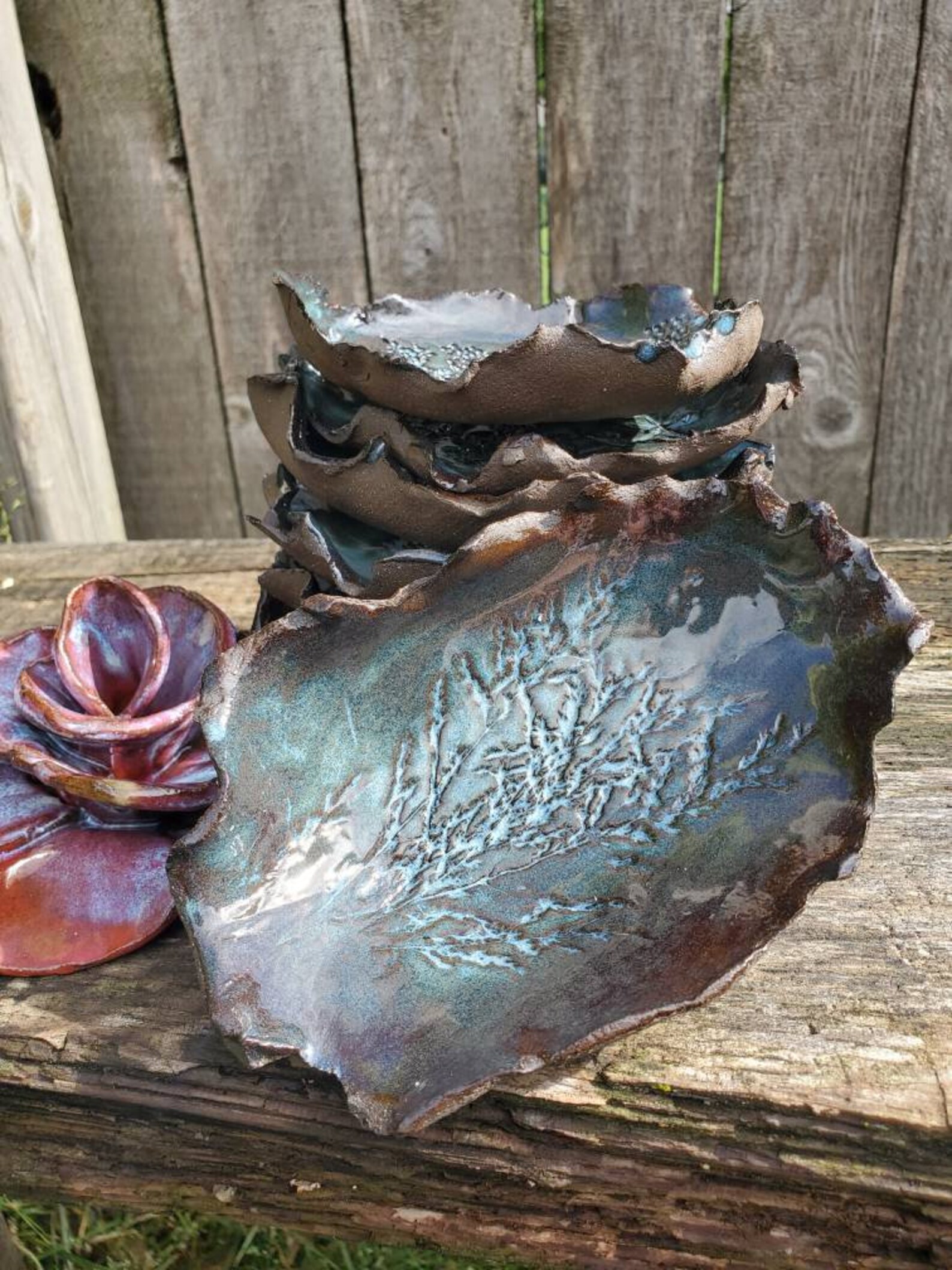 Handmade Pottery Spoon Rest Wild Leaf Rustic Imprint Blue Etsy