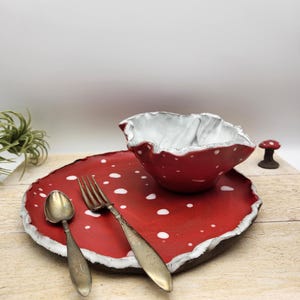 Handmade Ceramic Mushroom Plate and Bowl Set: Red Amanita Dinnerware
