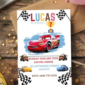 May include: A red and yellow birthday invitation with a checkered race track border. The invitation features a cartoon image of Lightning McQueen from the Cars movie. The text on the invitation reads "Lucas is turning 7" and includes details for a birthday party on Sunday, January 25th from 1:00 PM to 3:00 PM. The address is 99 Anywhere Street, Anycity. The RSVP number is 0888 7797 9339.