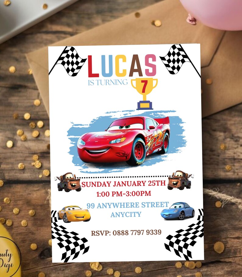 May include: A red and yellow birthday invitation with a checkered race track border. The invitation features a cartoon image of Lightning McQueen from the Cars movie. The text on the invitation reads "Lucas is turning 7" and includes details for a birthday party on Sunday, January 25th from 1:00 PM to 3:00 PM. The address is 99 Anywhere Street, Anycity. The RSVP number is 0888 7797 9339.