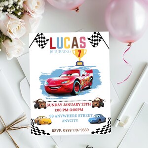 May include: A red and white birthday invitation for a boy turning seven. The invitation features a cartoon image of Lightning McQueen from the Cars movie. The text on the invitation reads "Lucas is turning 7" and includes the date, time, and location of the party.