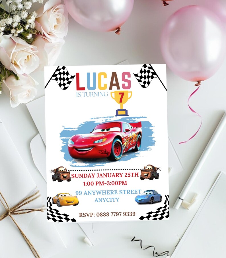 May include: A red and white birthday invitation for a boy turning seven. The invitation features a cartoon image of Lightning McQueen from the Cars movie. The text on the invitation reads "Lucas is turning 7" and includes the date, time, and location of the party.