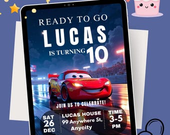 Cars Lightning McQueen Birthday Invitation, Editable Canva Template (Digital Download)