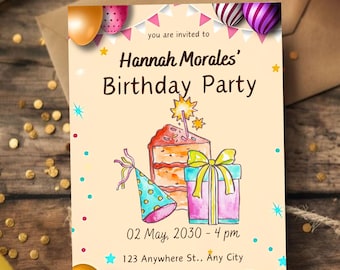 Baking Party Birthday Invitation - Cake & Balloons (Printable)