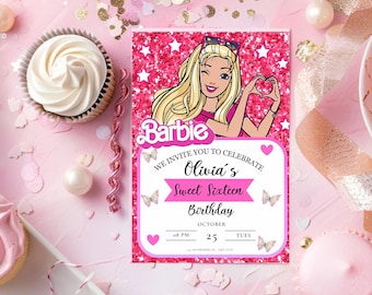 Editable Barbie Birthday Invitation – Pink Fashion Doll Party (Canva Template)