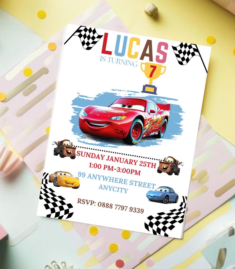 May include: A red, white, and blue birthday invitation with a cartoon race car. The invitation says "Lucas is turning 7" and includes a checkered flag design. The invitation also includes the date, time, and location of the party.