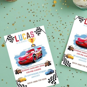 May include: A red and white birthday invitation with a checkered flag border. The invitation features a cartoon image of Lightning McQueen from the Cars movie. The text on the invitation reads "Lucas is turning 7" and includes the date, time, and location of the party. RSVP information is also included.